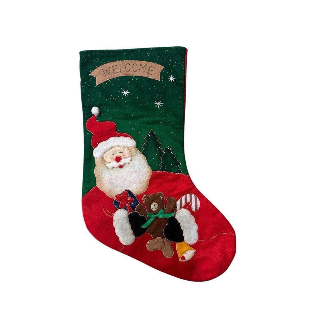 Christmas Stocking Santa Appliqued Felt Bear Candy Cane Bell Present